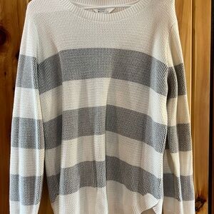 Market & Spruce White and Gray Striped Open Knit Crew Sweater